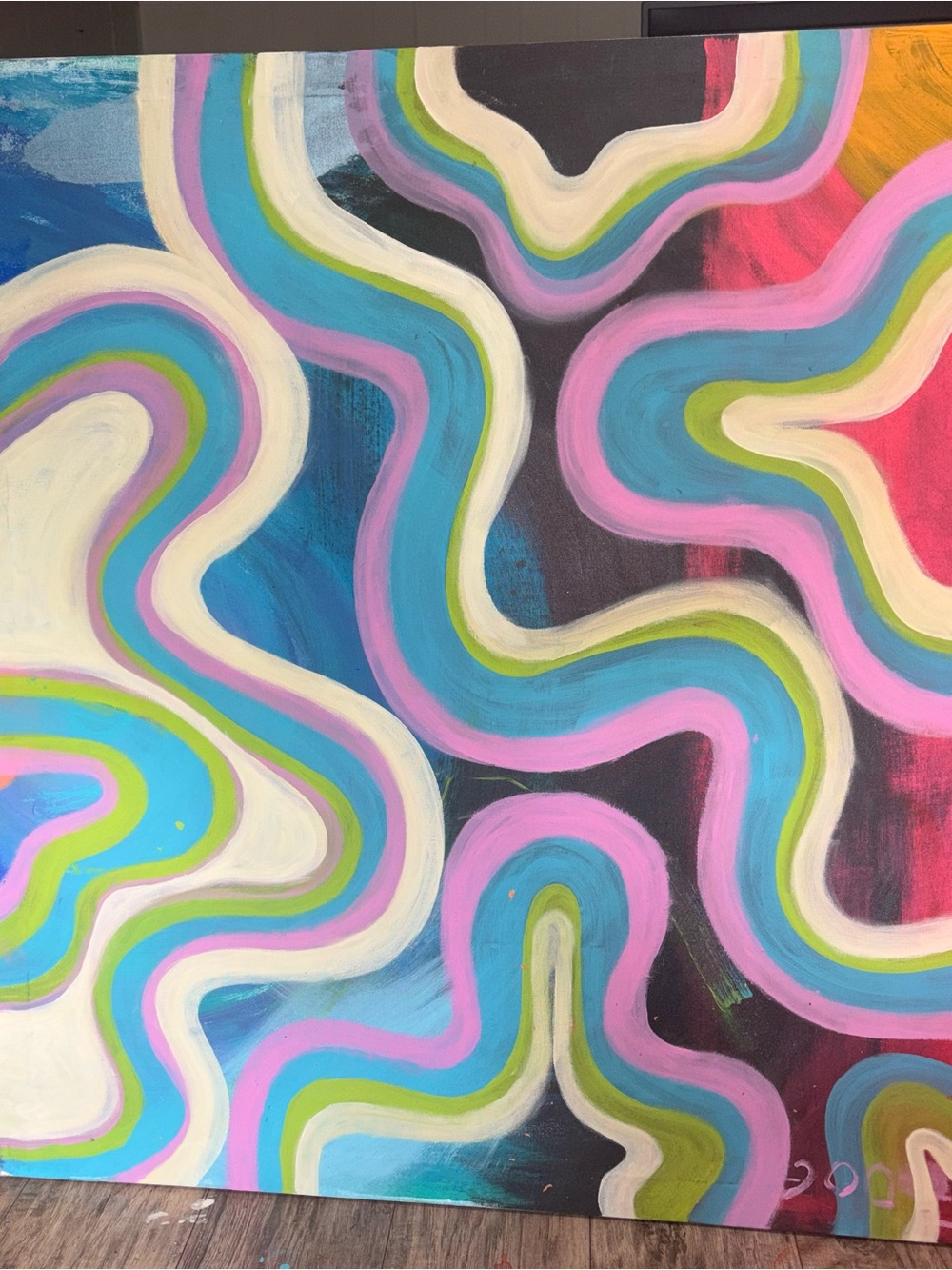 Colorwave Abstract Wall Art Painting in Pink, Blue, Green and Cream
